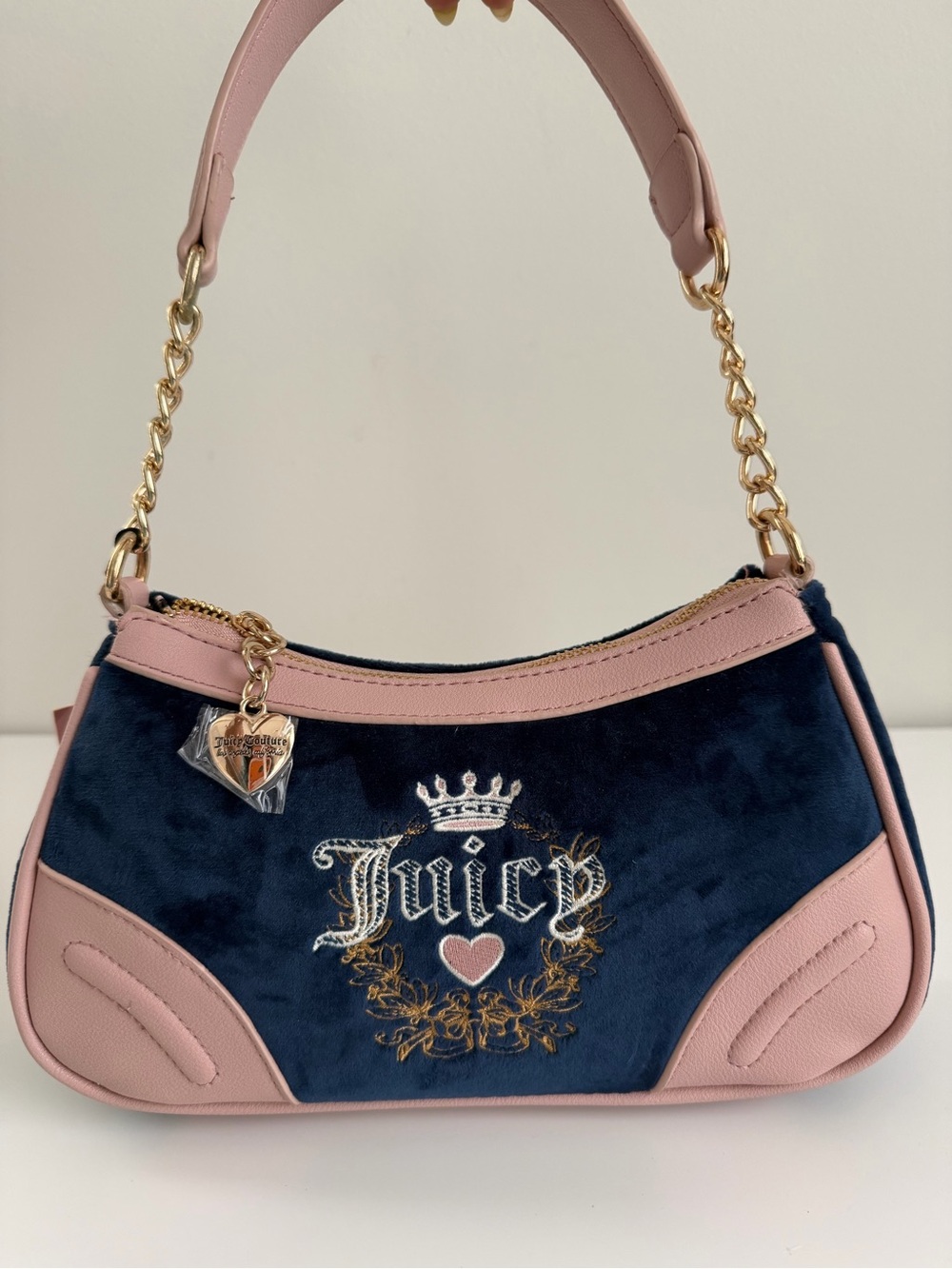 Juicy Couture Navy Velvet Shoulder Bag with Pink Trim